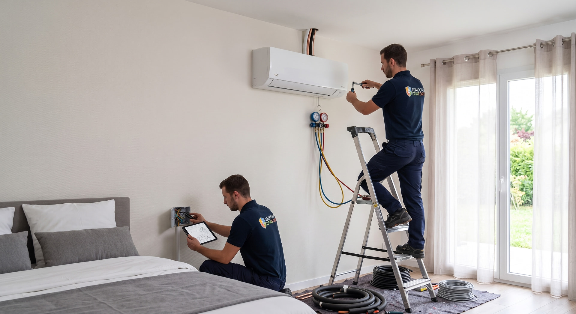 Techniciens 4 Saisons Confort posant une unité murale dans une chambre : raccordement frigorifique et contrôle des câblages