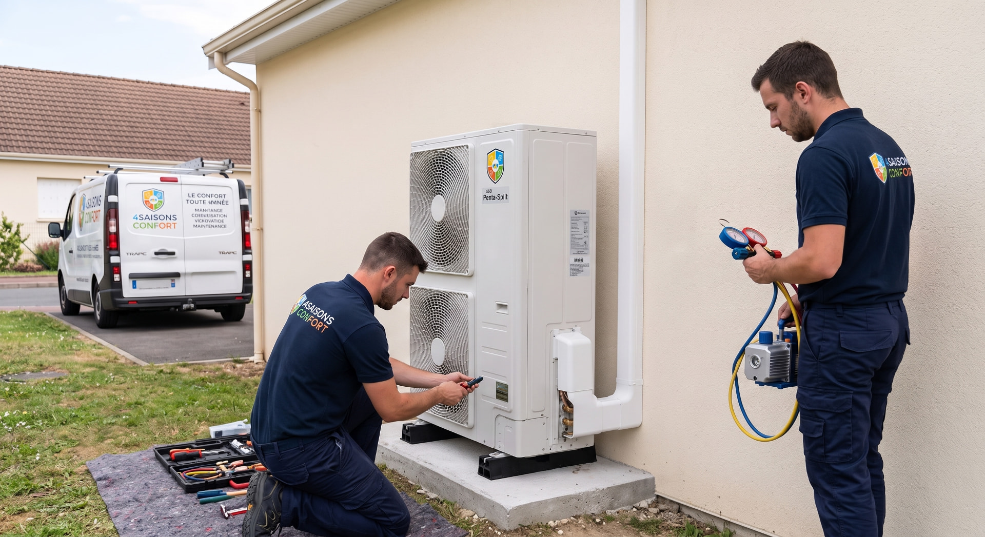 Installation du groupe extérieur penta-split 4 Saisons Confort sur plots antivibratiles, mise sous vide à la pompe et véhicule technique